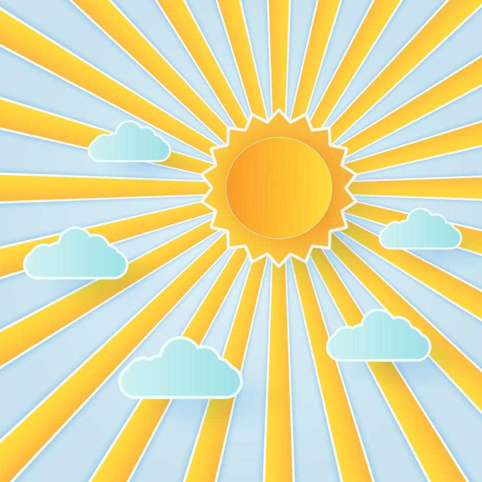 Cloudscape, blue sky with clouds and bright sun, paper art style vector