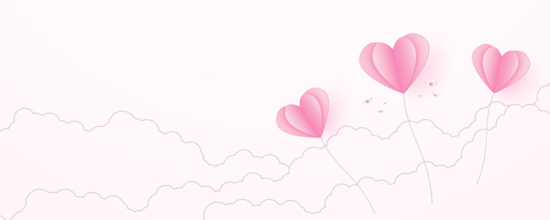 Día de San Valentín, fondo del concepto de amor, globos en forma de corazón de papel rosa flotando en el cielo con nubes, espacio en blanco, estilo de arte en papel vector