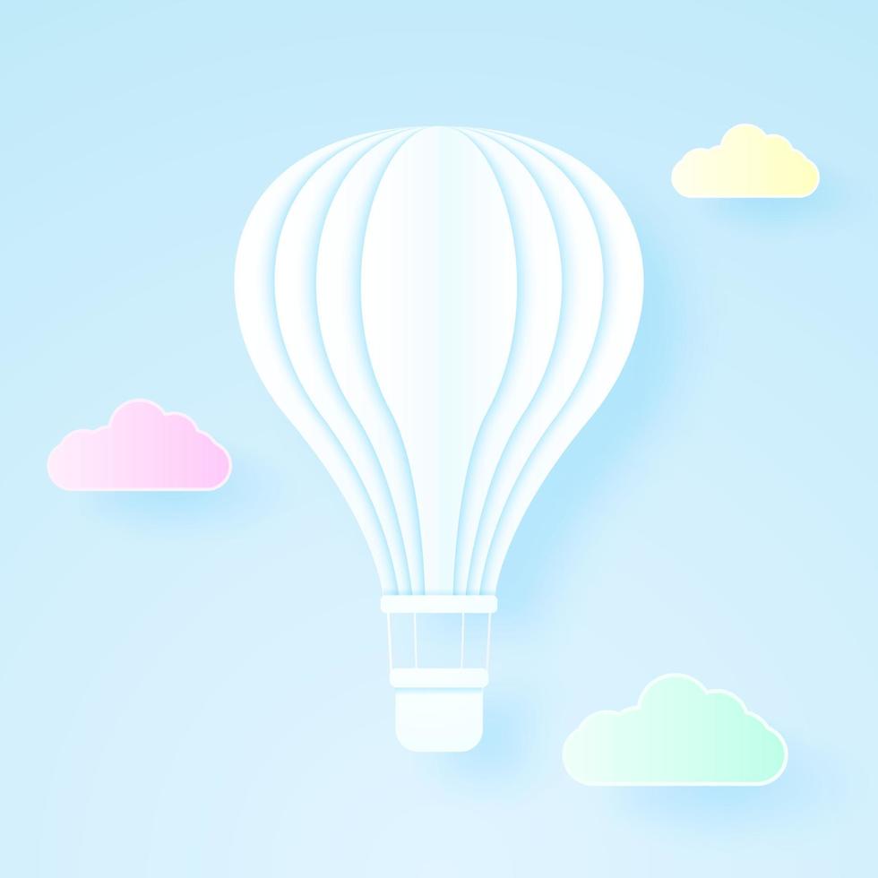 White hot air balloon flying in the blue sky with colorful cloud, paper art style vector