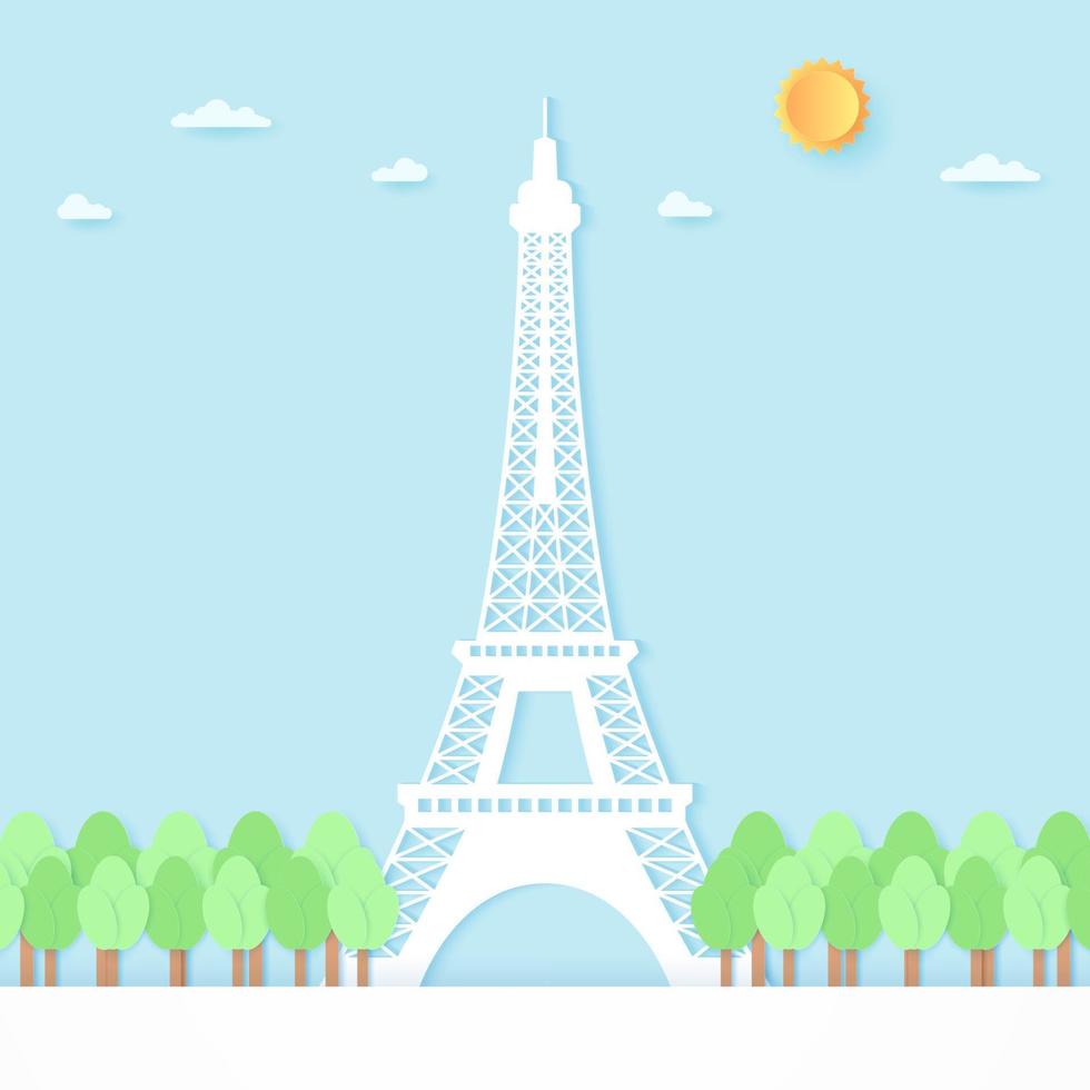 Torre Eiffel rodeada de árboles, cielo azul y sol, estilo de arte en papel vector