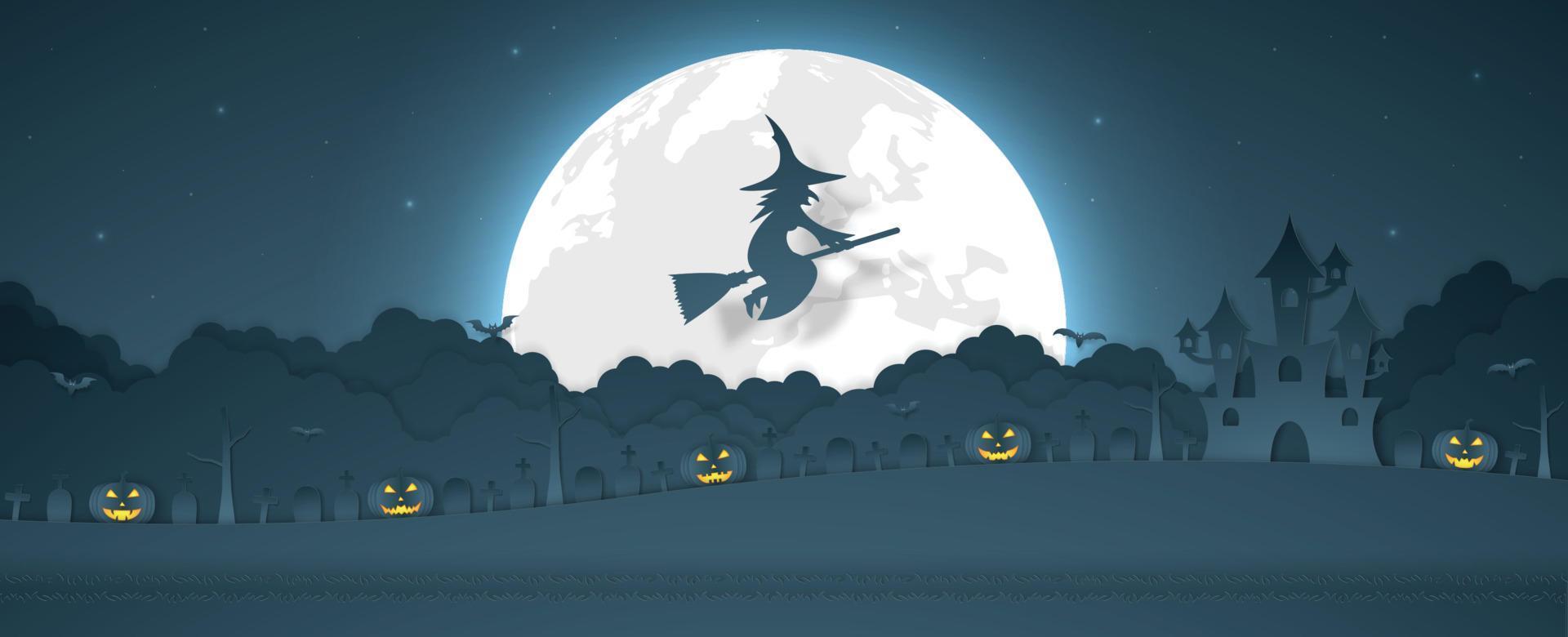 Halloween pumpkin head, witch flying above cloud with castle, graveyard on the hill and full moon, paper art style vector