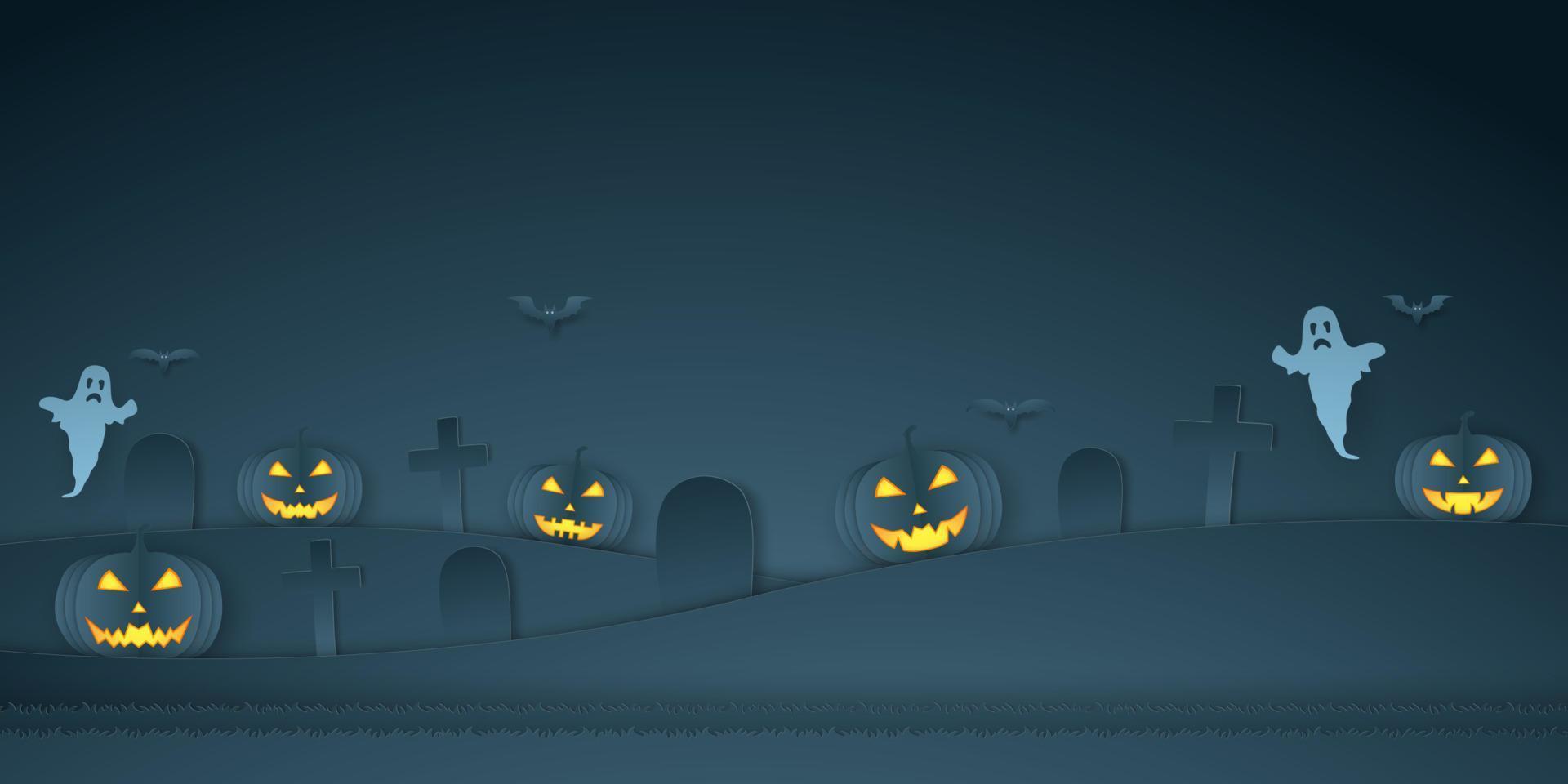 calabaza de halloween con cementerio, murciélago y fantasma, estilo de arte en papel vector