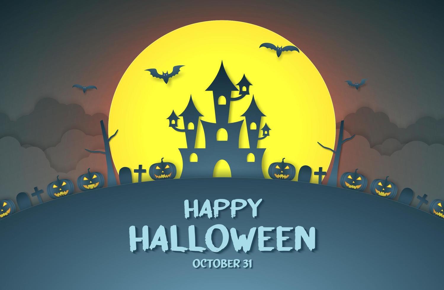 Happy Halloween, pumpkin head, castle, graveyard on hill with big moon and cloud in paper art style vector