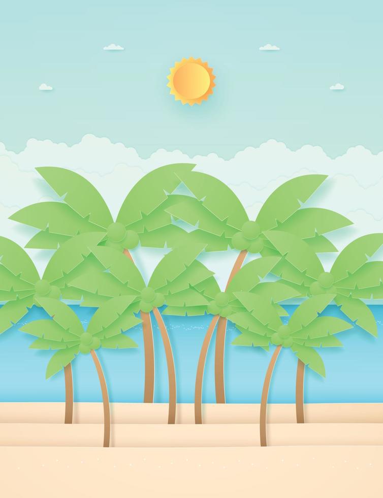 Seascape, landscape, coconut trees on the beach with sea, bright sun in the sky, paper art style vector