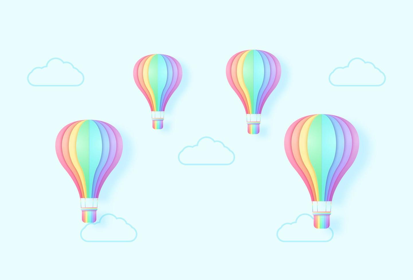 coloridos globos aerostáticos volando en el cielo, color del arco iris, estilo de arte en papel vector