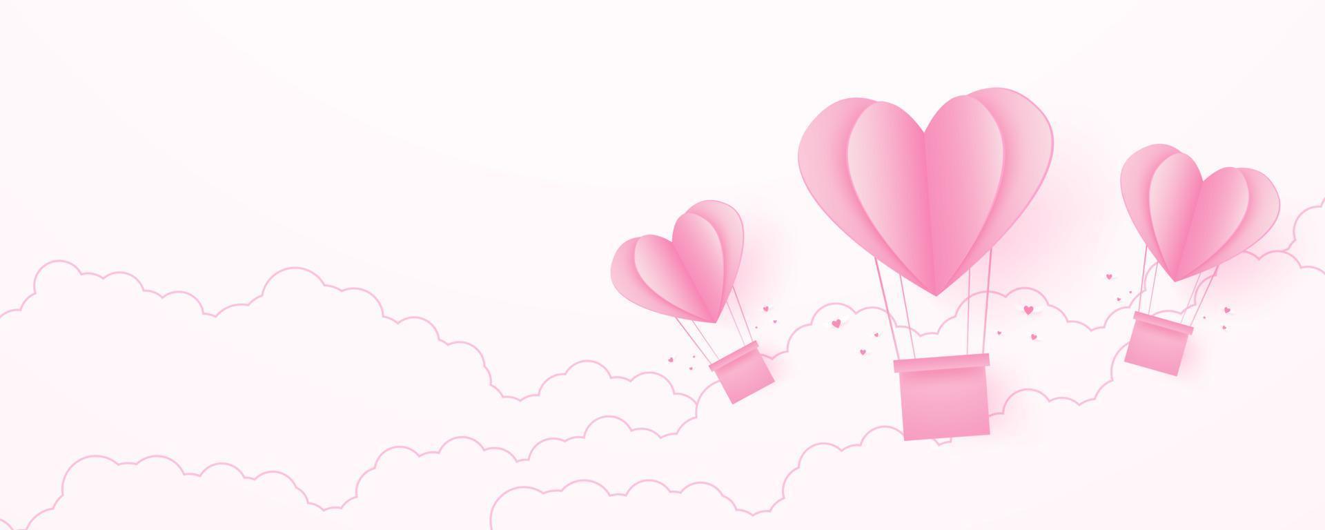 Día de San Valentín, fondo del concepto de amor, globos aerostáticos en forma de corazón de papel rosa flotando en el cielo con nubes, espacio en blanco, estilo de arte en papel vector