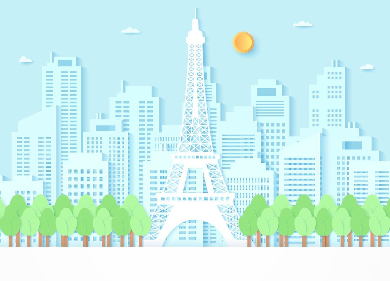 Torre Eiffel rodeada de árboles y fondo de construcción, cielo azul y sol, estilo de arte en papel vector