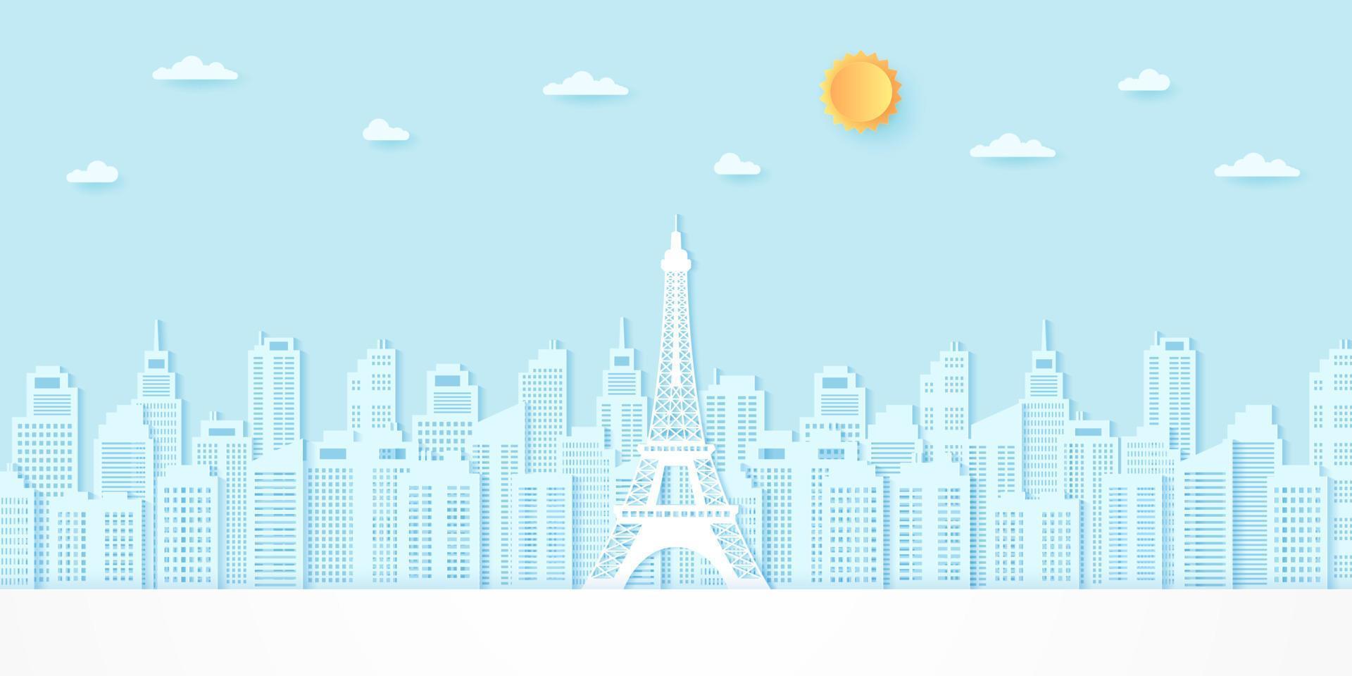 Torre Eiffel entre edificios con sol y nubes, estilo de arte en papel vector