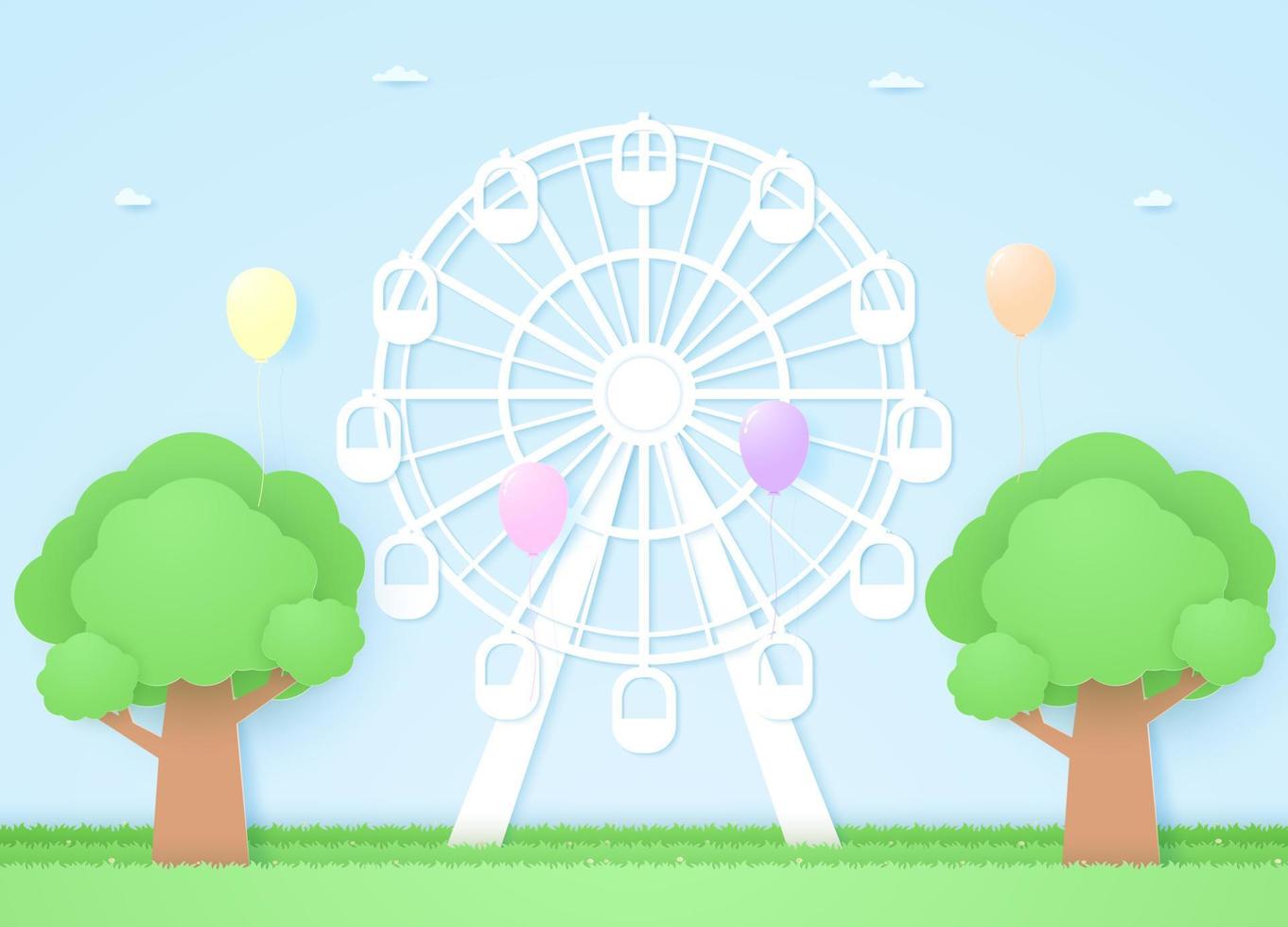 Ferris wheel and trees with colorful balloons flying, paper art style vector