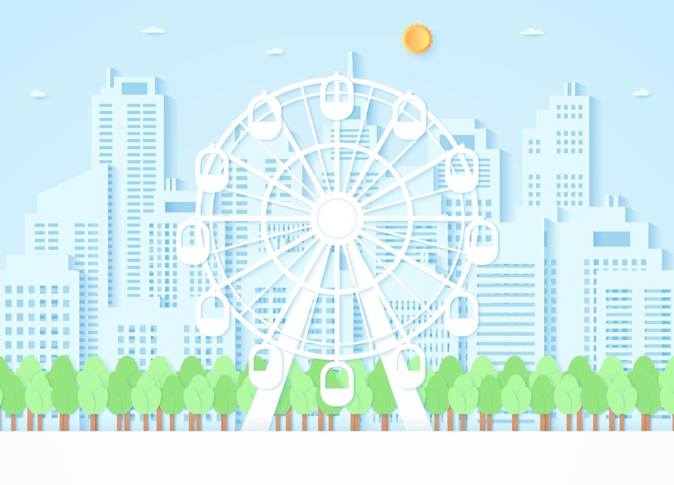 Ferris wheel and trees with building background, paper art style