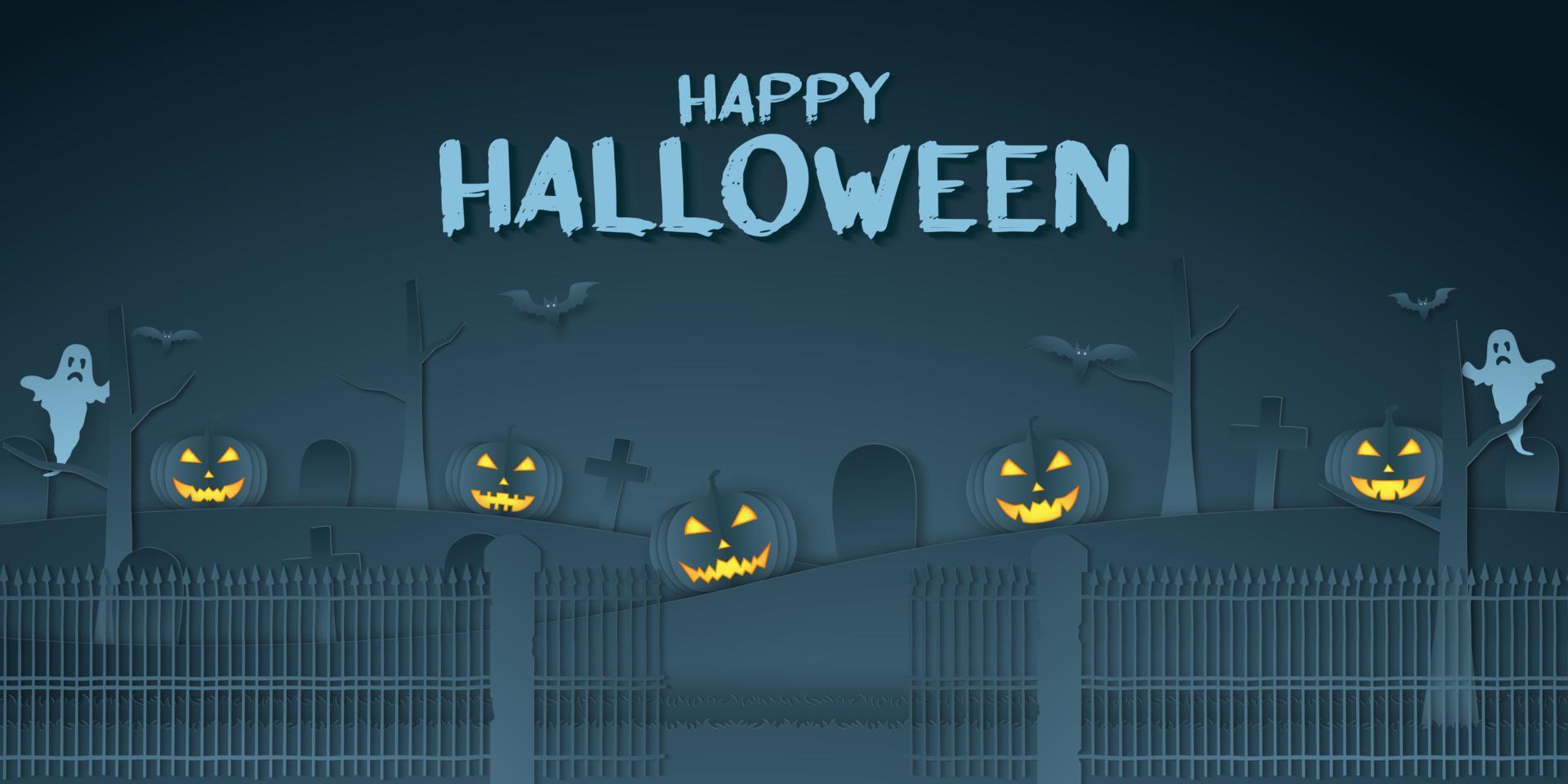 feliz halloween, cabeza de calabaza, cementerio, murciélago y fantasma con texto, estilo de arte en papel vector