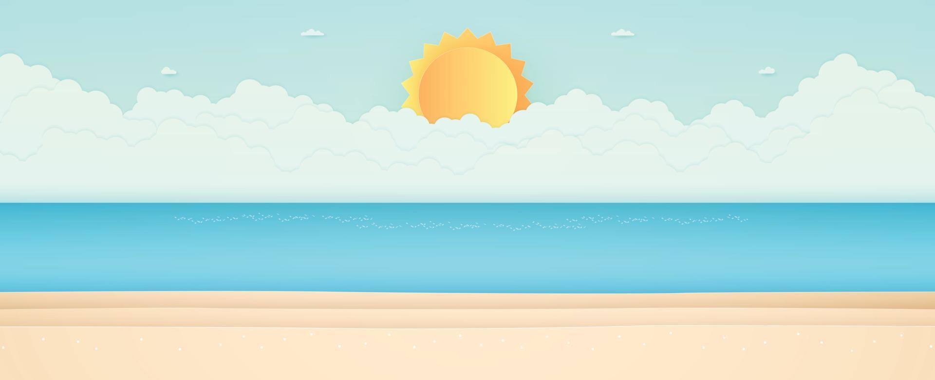 horario de verano, paisaje marino, paisaje, mar azul con playa, nube y sol brillante, estilo de arte en papel vector