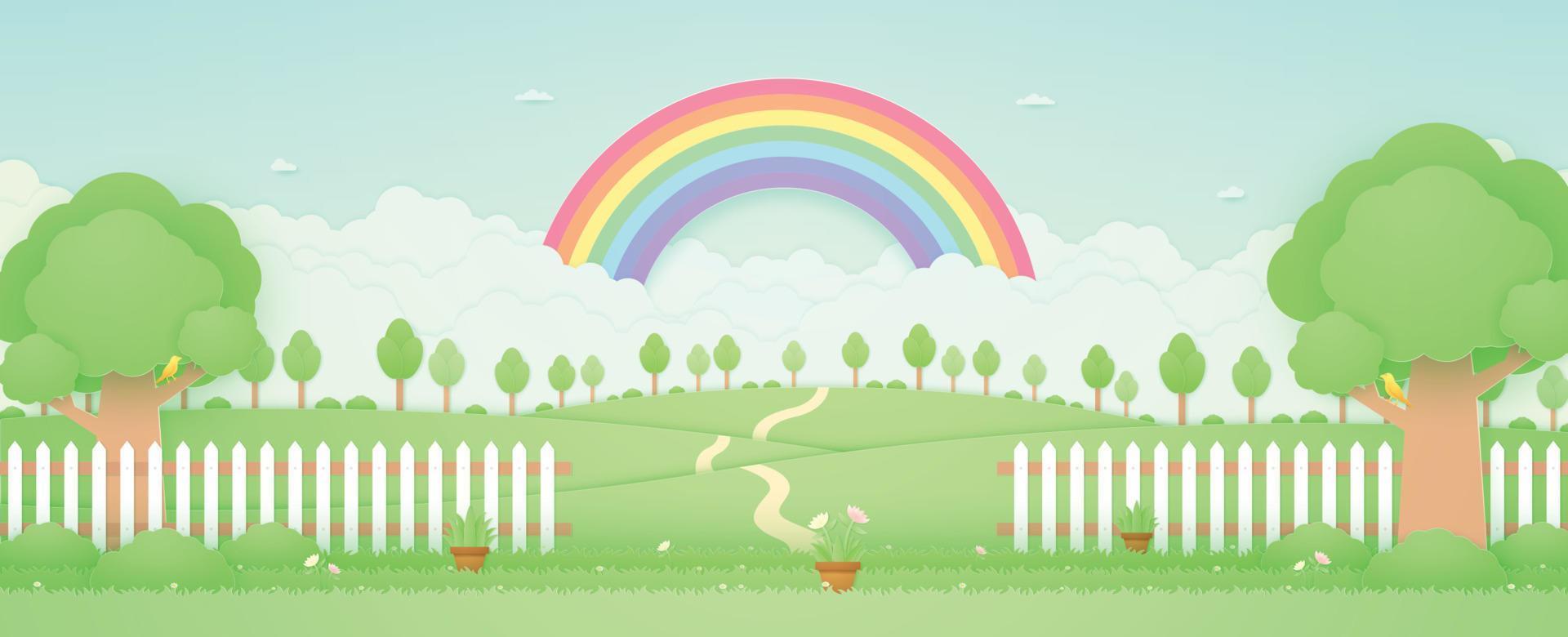 tiempo de primavera, paisaje, árboles en la colina, arco iris en el cielo, jardín con macetas, flores en el césped y la cerca, pájaro en la rama, estilo de arte en papel vector