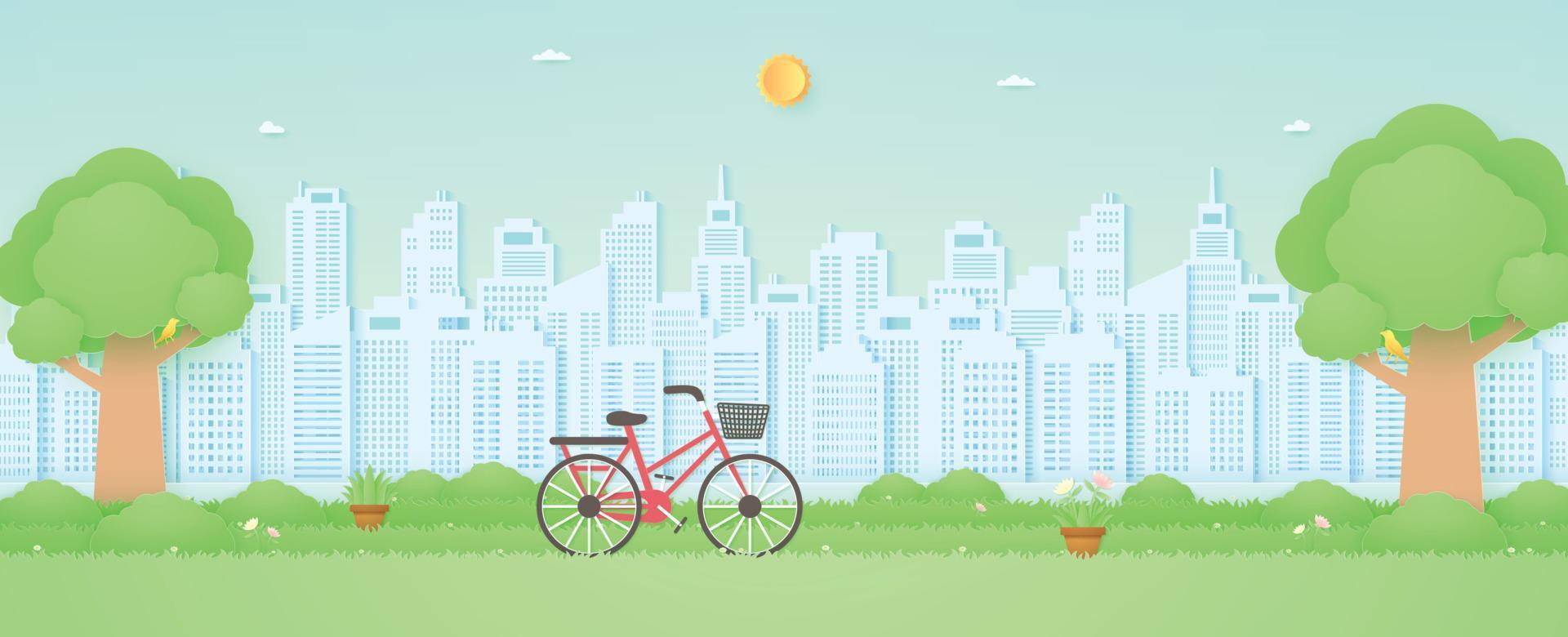 Bicycle in the garden with trees, bird on the branch, plant pots and beautiful flowers on grass, Cityscape, building background, paper art style vector