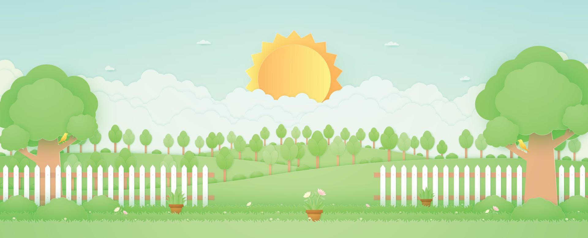 Spring Time, landscape, trees on the hill, garden with plant pots, beautiful flowers on grass and fence, bird on the branch, paper art style vector