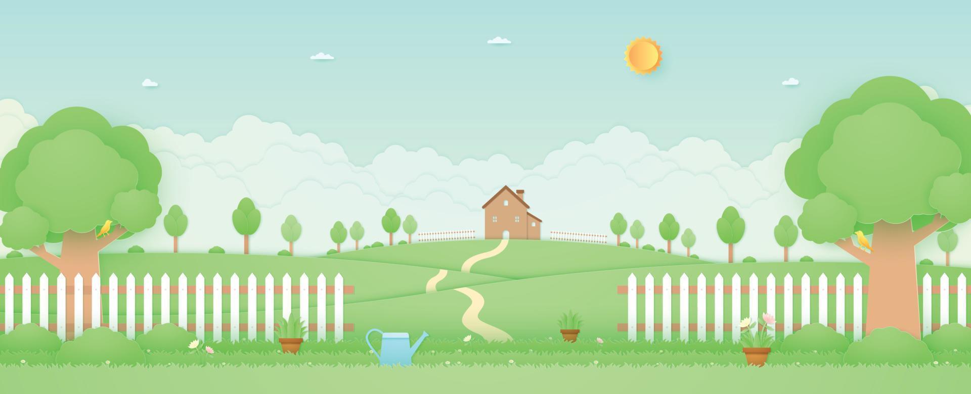 Spring Time, landscape, house on the hill, garden with trees, plant pots, beautiful flowers, watering can on grass and fence, bird on the branch, paper art style vector