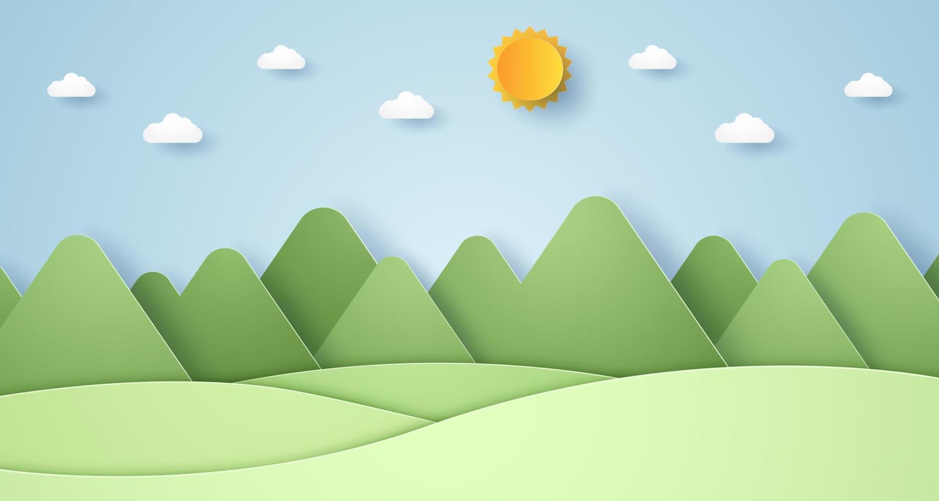 naturaleza colina y montaña con sol y cielo, estilo de arte en papel vector