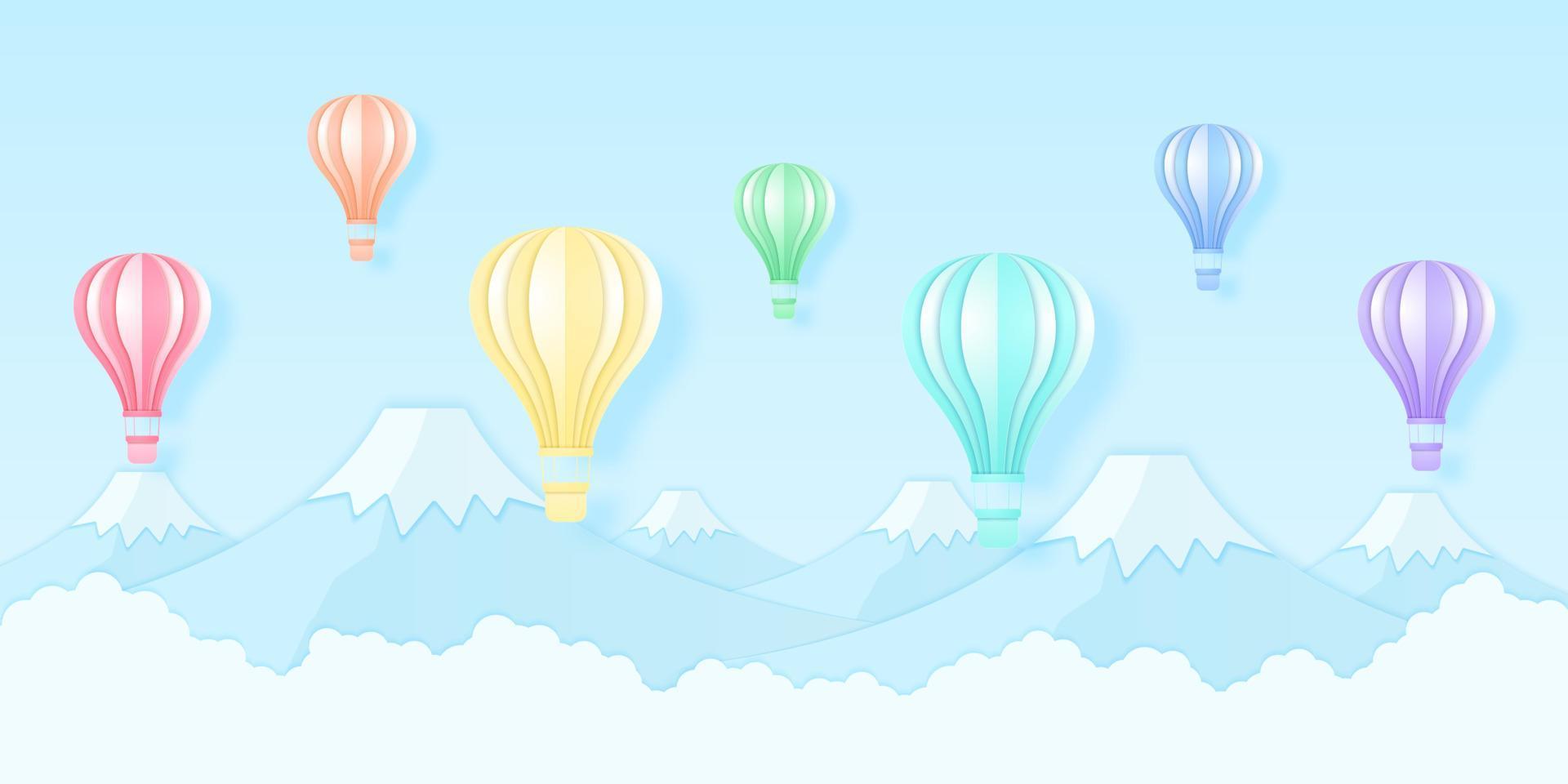 Colorful hot air balloons flying over mountain, rainbow color pattern, paper art style vector