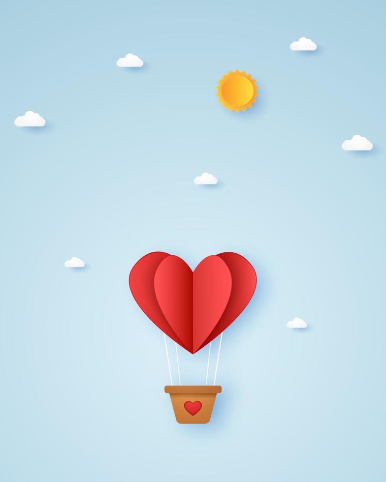 día de san valentín, ilustración del amor, globo de aire caliente rojo con corazón doblado volando en el cielo, estilo de arte en papel vector