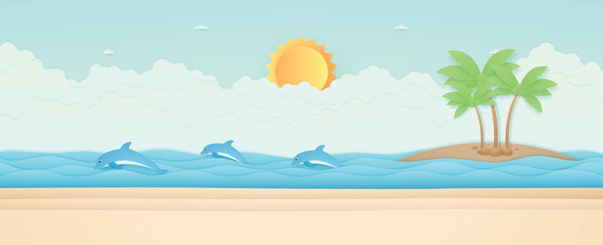 horario de verano, paisaje marino, paisaje, delfines nadando en el mar, playa y cocoteros en la isla, sol en el cielo, estilo de arte en papel vector