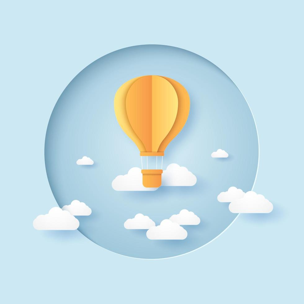 bright folded hot air balloon flying in the blue sky in circular frame, paper art style vector