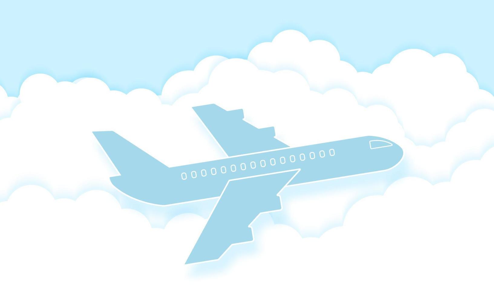Airplane flying in the blue sky with clouds, Cloudscape, paper art style vector