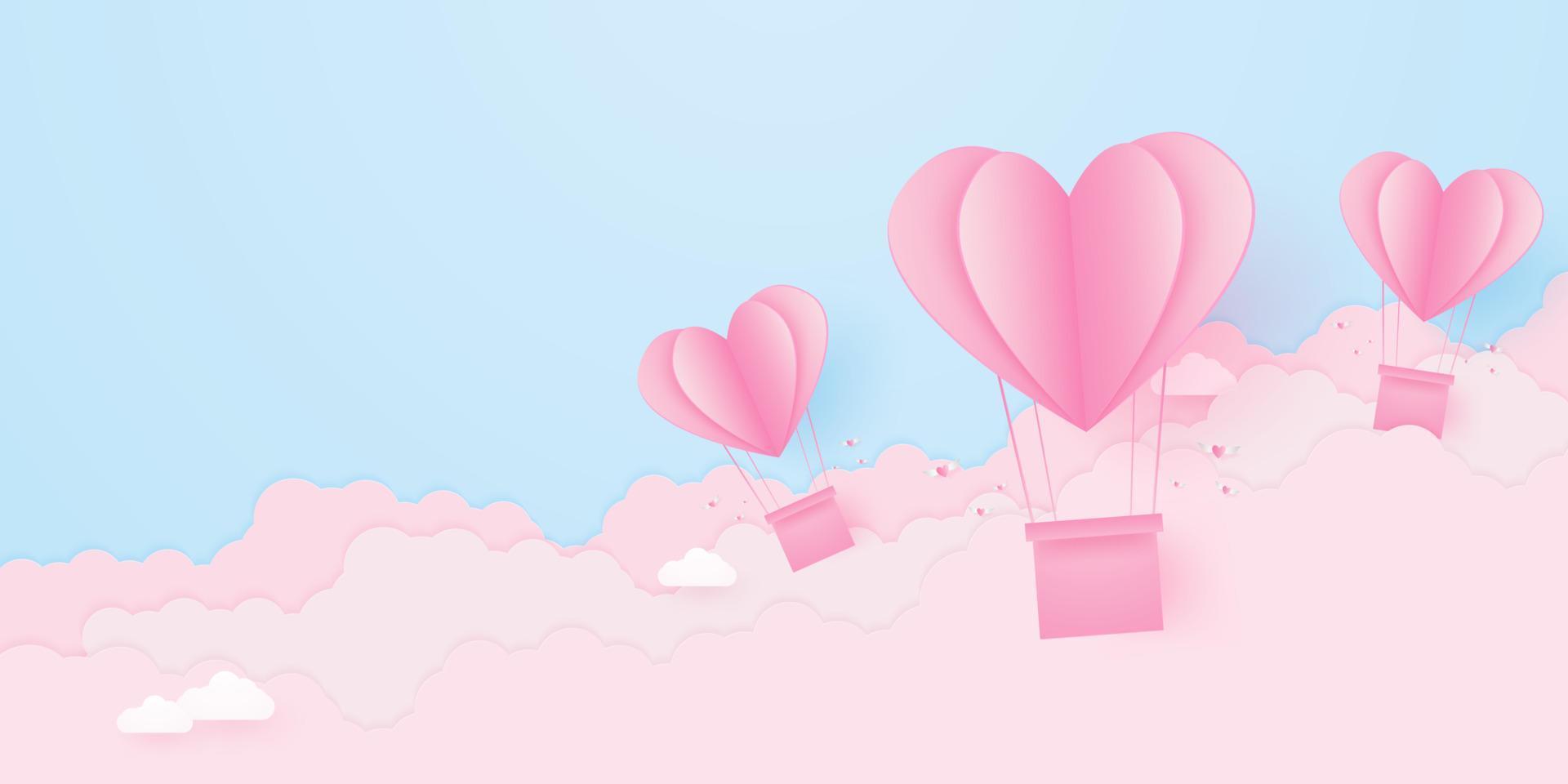 Día de San Valentín, fondo del concepto de amor, globos aerostáticos en forma de corazón de papel rosa flotando en el cielo con nubes, espacio en blanco, estilo de arte en papel vector