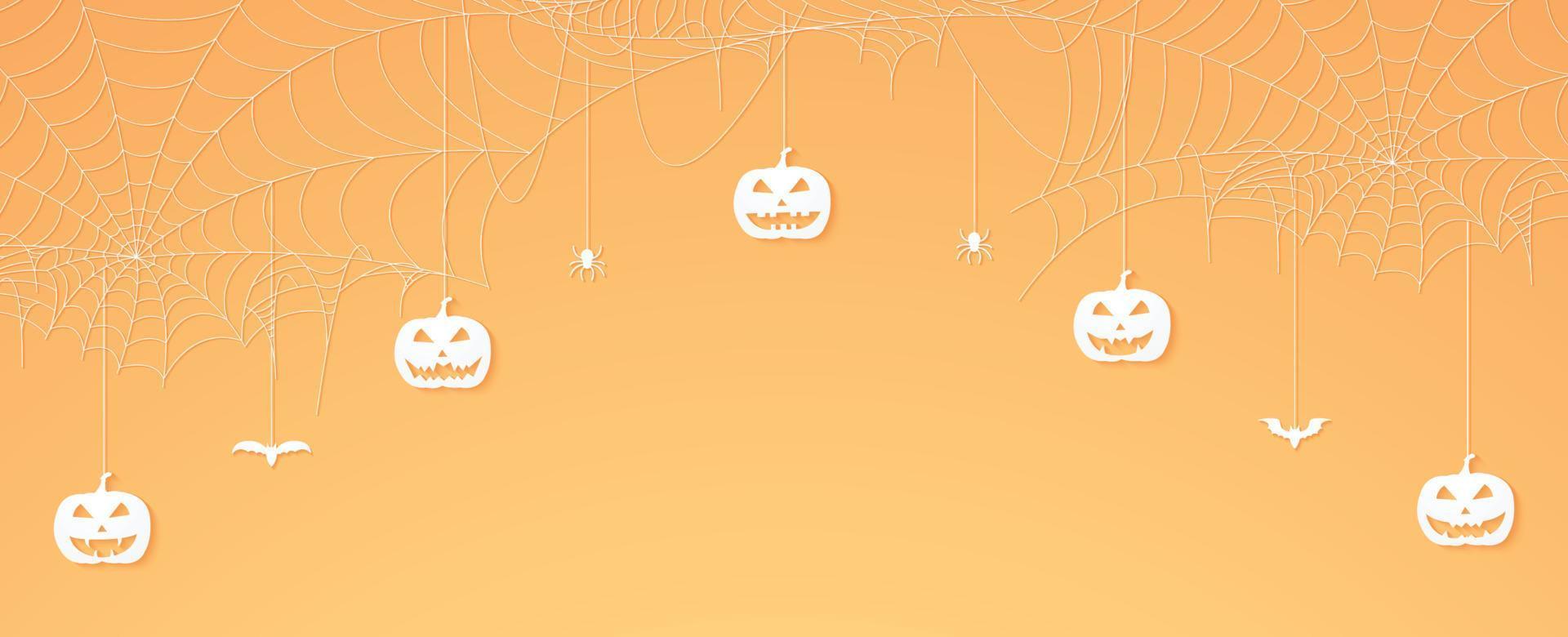 Halloween pumpkin head, spiders and bats hanging, spider web banner, cobweb background, copy space vector