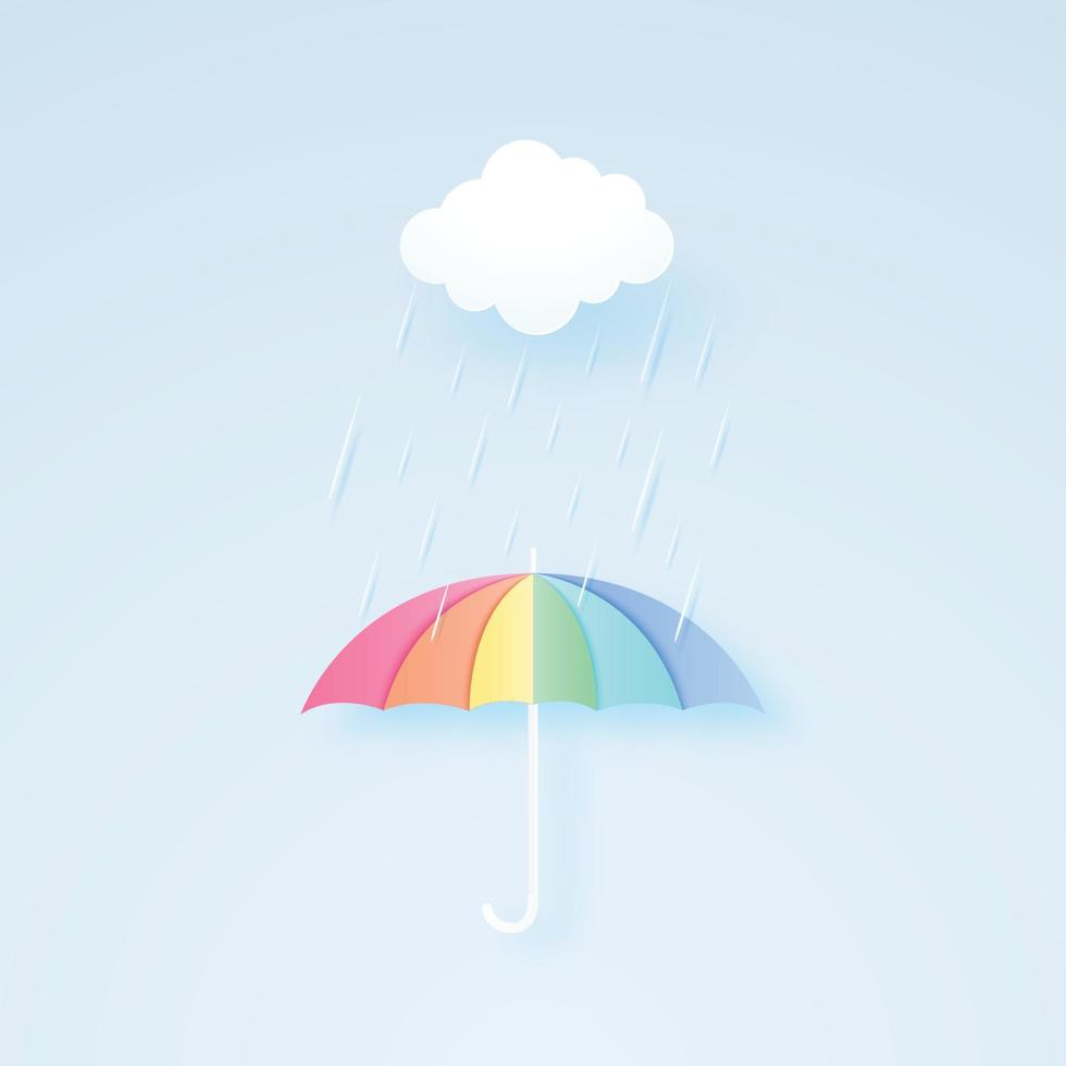 rainbow color umbrella with rain and cloud, rainy season, rainstorm, paper art style vector