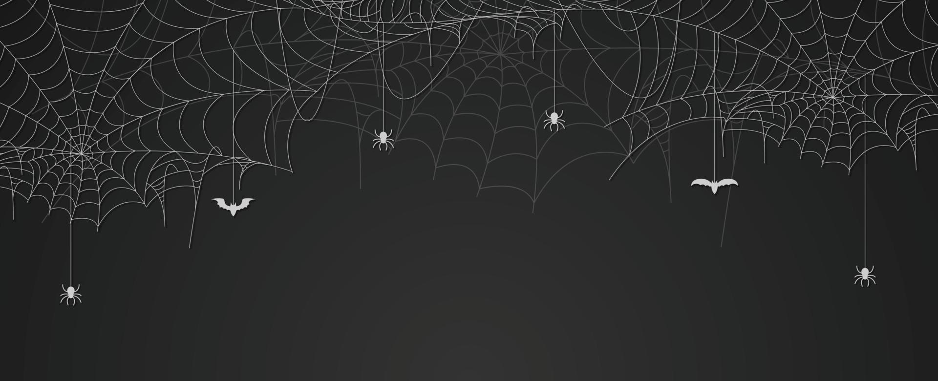 Spider web banner with spiders and bats hanging, cobweb background