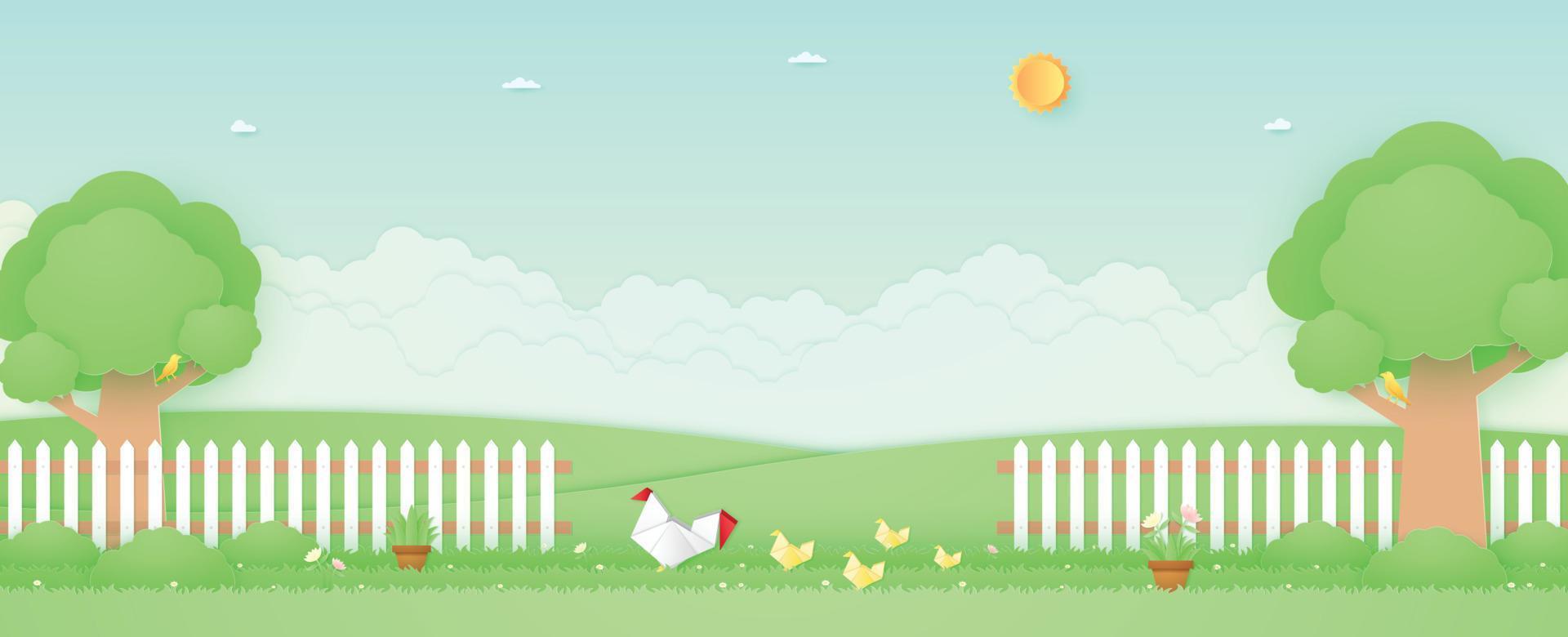 Spring Time, landscape, origami chicken and chicks in the garden with trees, plant pots, beautiful flowers on grass and fence, bird on the branch, paper art style vector