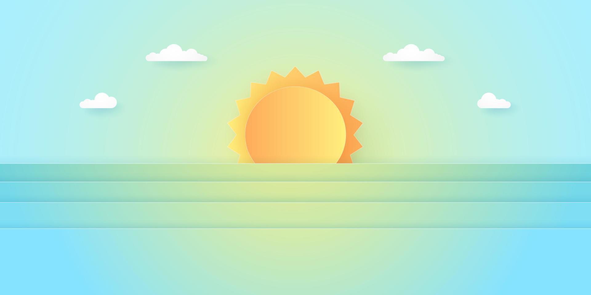 Summer Time, landscape, cloudy sky with bright sun, paper art style vector