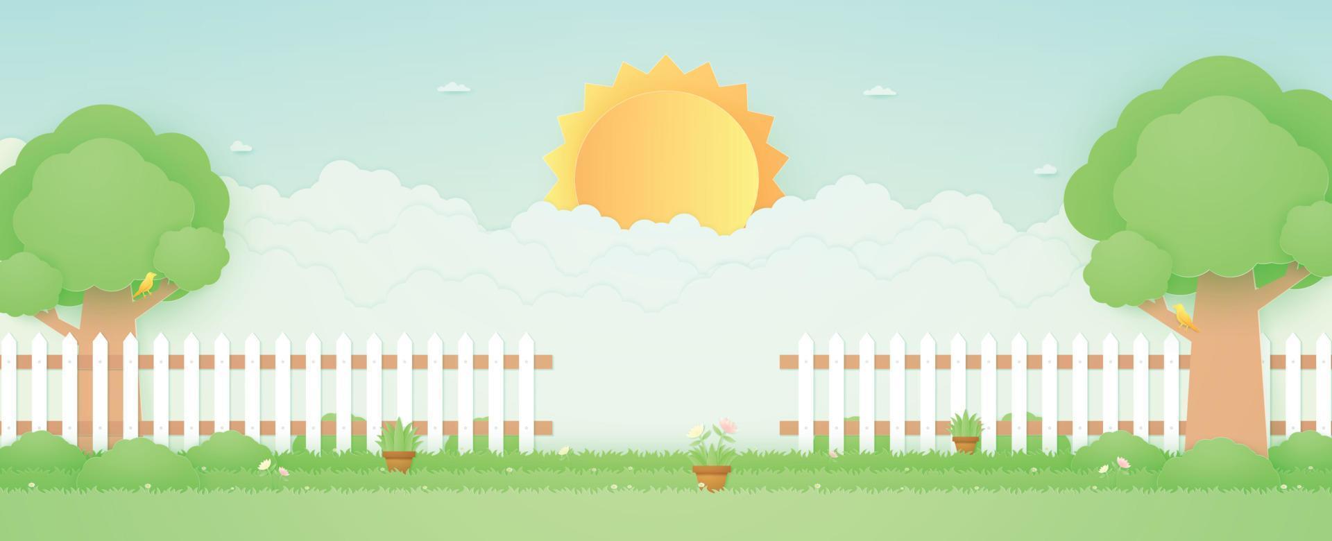 Spring Time, landscape, garden with trees, plant pots, beautiful flowers on grass and fence, bird on the branch, bright sun and cloud, paper art style vector