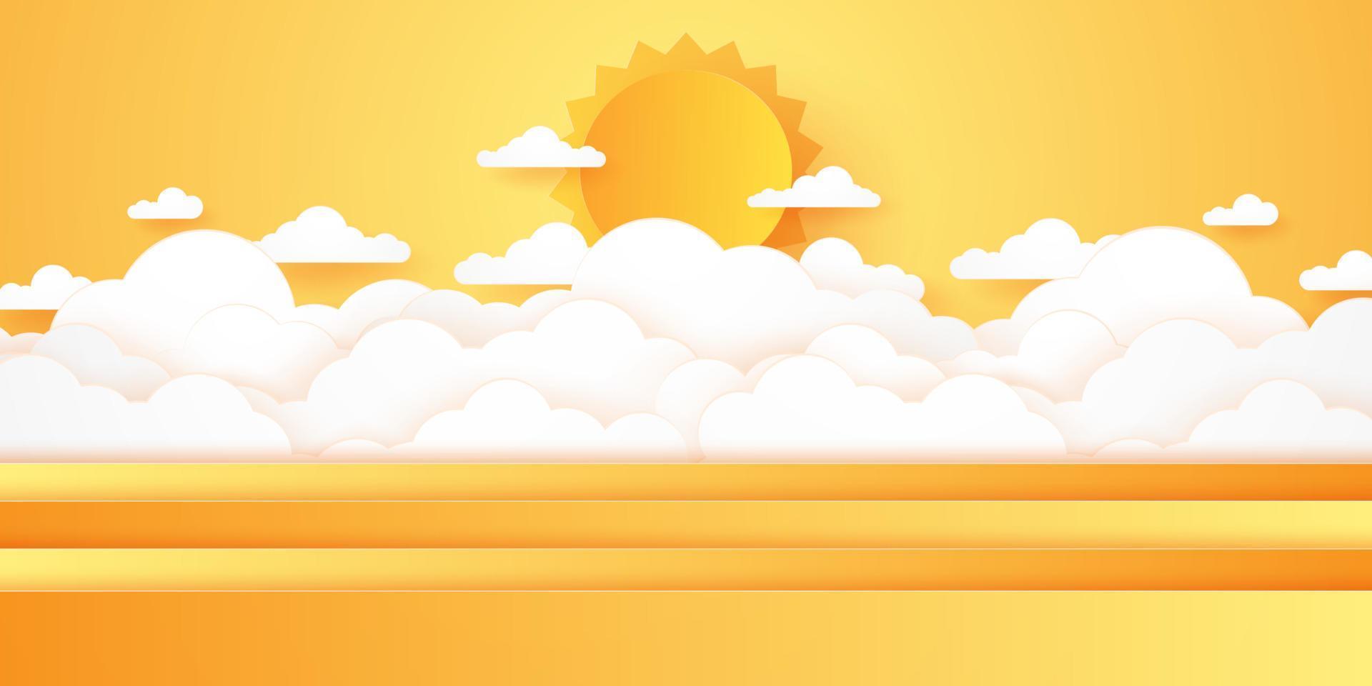 Summer Time, Cloudscape, cloudy sky with bright sun, paper art style vector