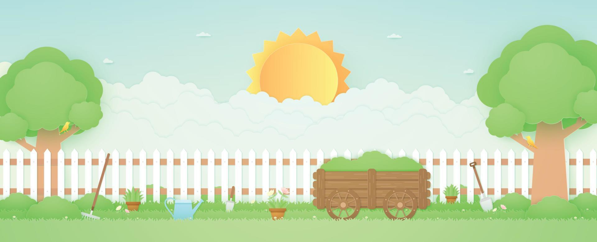 Spring Time, landscape, garden with wooden cart, trees, plant pots, beautiful flowers, farm stuff on grass and fence, bird on the branch, bright sun and cloud, paper art style vector