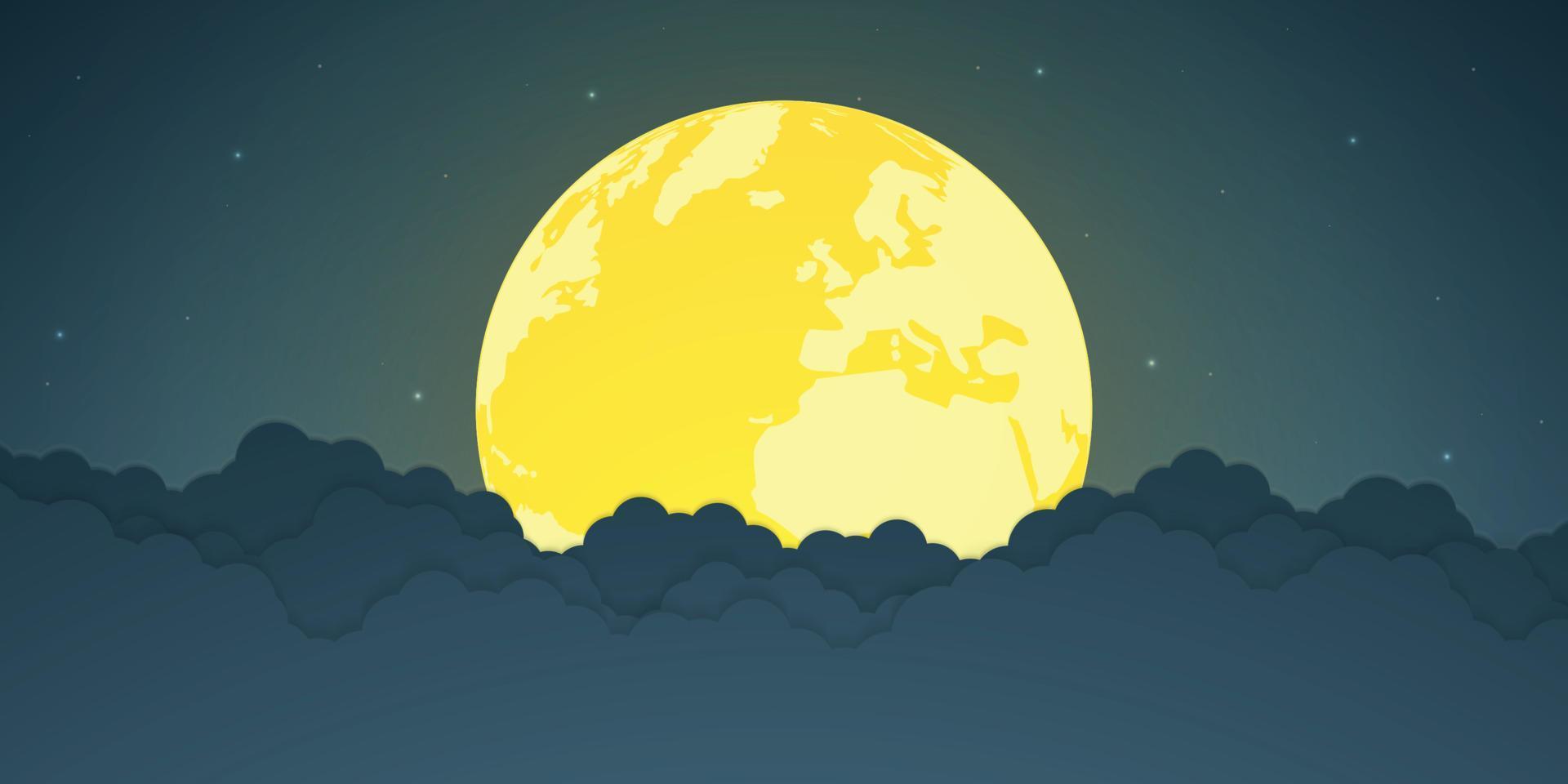 Full moon and bright stars with cloud, vector illustration.