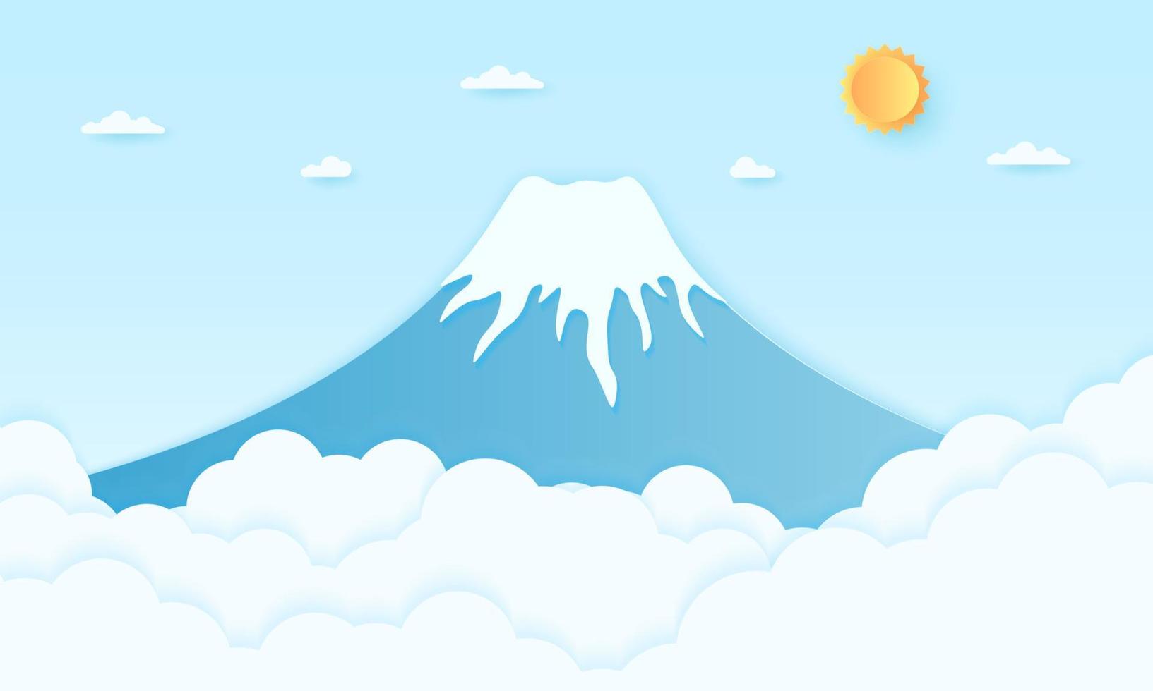 montaña con sol brillante y cielo azul, estilo de arte en papel vector