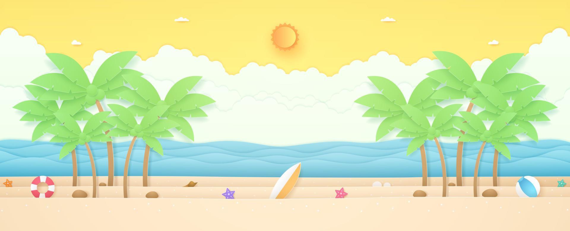 horario de verano, paisaje marino, paisaje, estrella de mar, globo y cosas de verano en la playa con mar ondulado y cocotero en la isla, sol brillante y cielo soleado, estilo de arte en papel vector