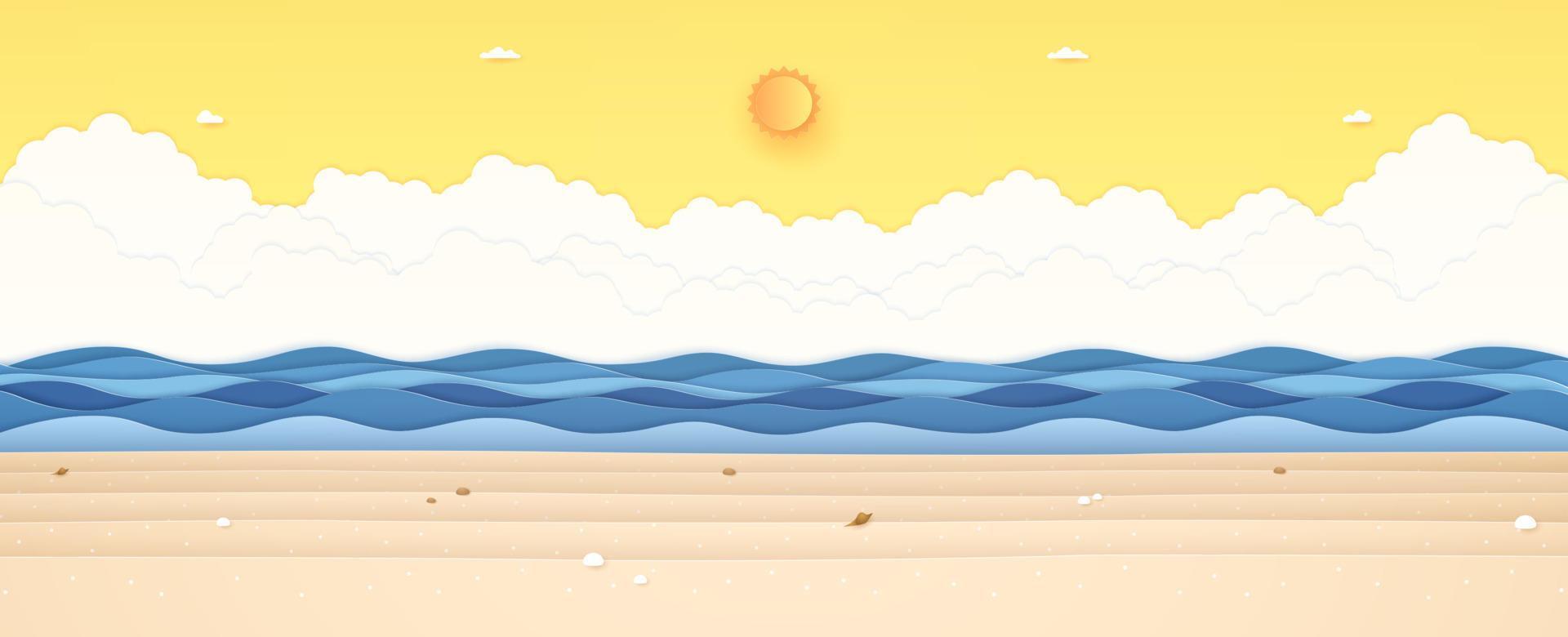 Summer Time, seascape, landscape, blue wavy sea with stone and shellfish on beach, bright sun and orange sunny sky, paper art style vector