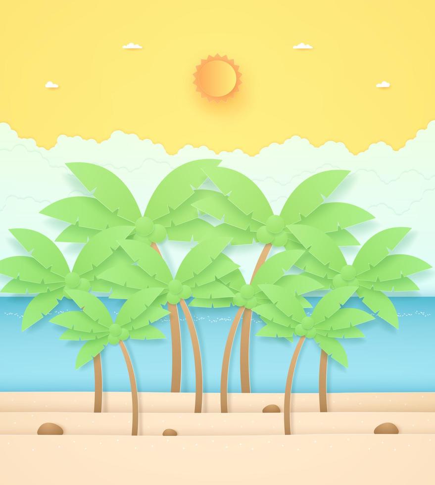 horario de verano, paisaje marino, paisaje, cocoteros y piedra en la playa con mar, sol brillante y cielo soleado naranja, estilo de arte en papel vector