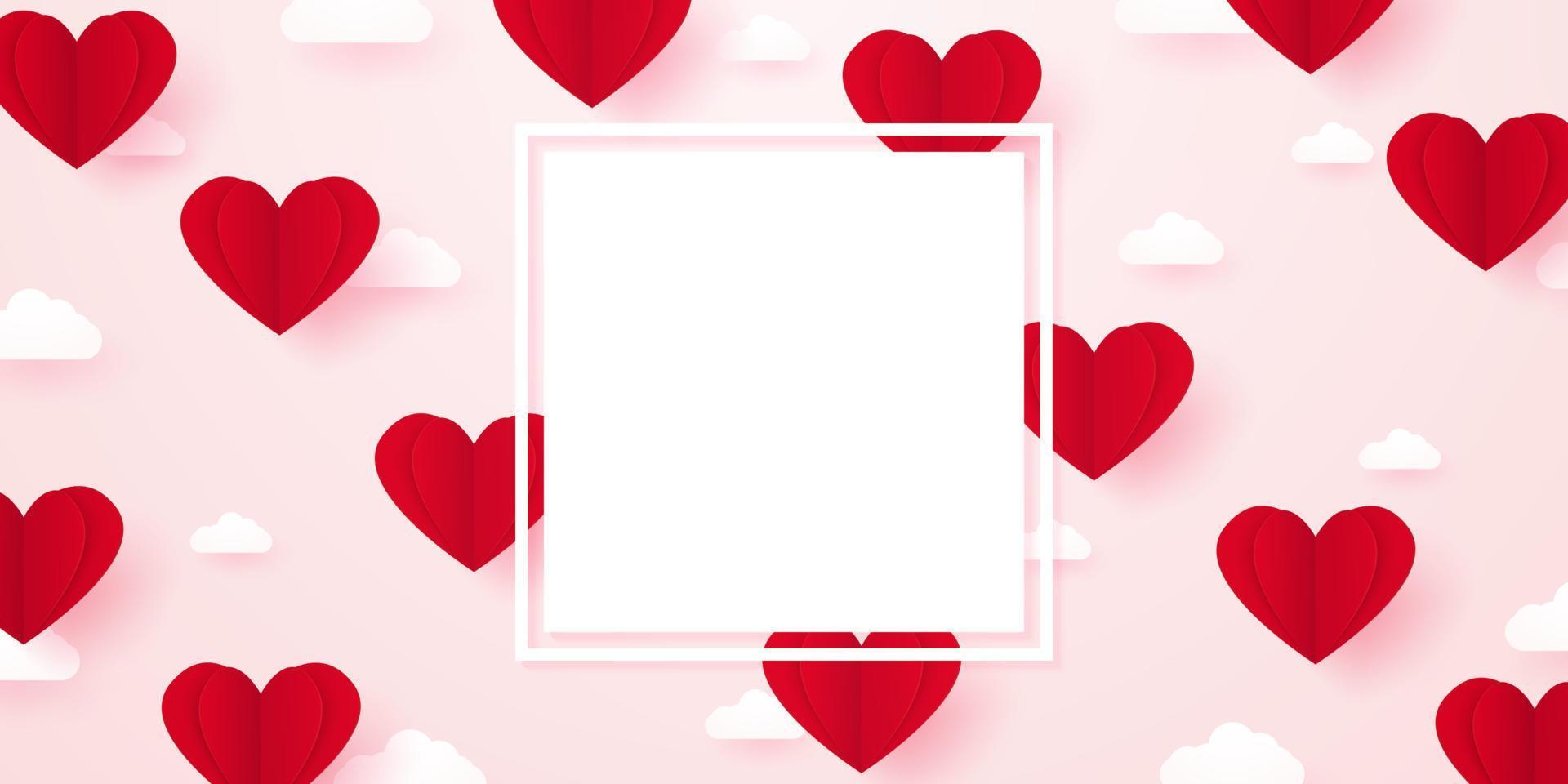 Día de San Valentín, plantilla para el concepto de amor, corazón de papel rojo flotando en el cielo con nubes, estilo de arte de papel, espacio en blanco para texto y marco, fondo de banner vector