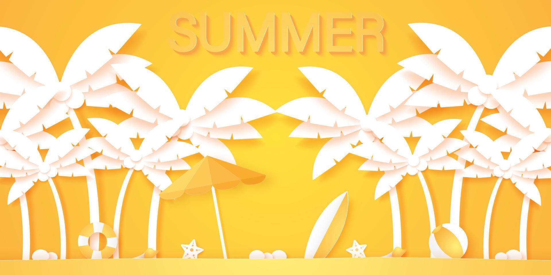 Summer time, coconut palm tree with summer stuff, paper art style vector