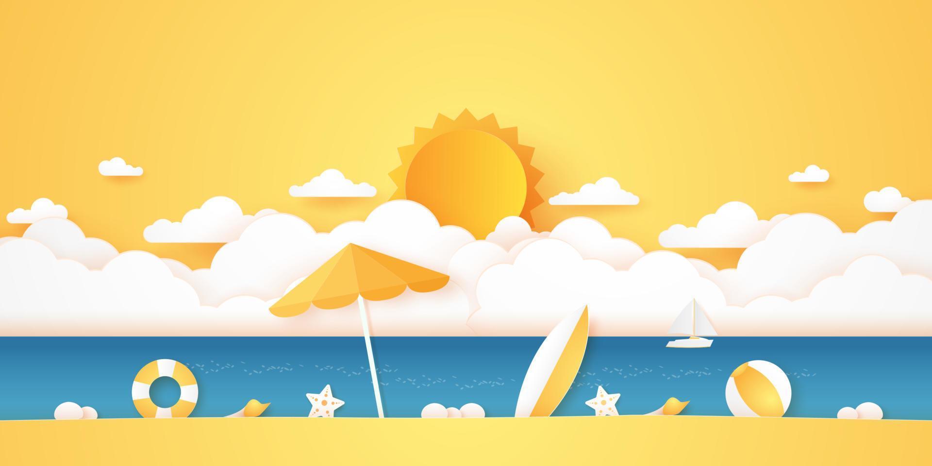 Summer time, sea and beach with stuff, Cloudscape and sun with bright sky, paper art style vector