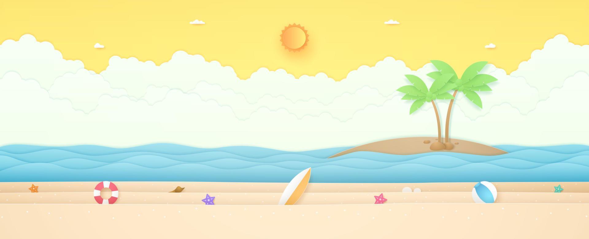 Summer Time, seascape, landscape, starfish, balloon and summer stuff on beach with wavy sea and coconut tree on island, bright sun and sunny sky, paper art style vector