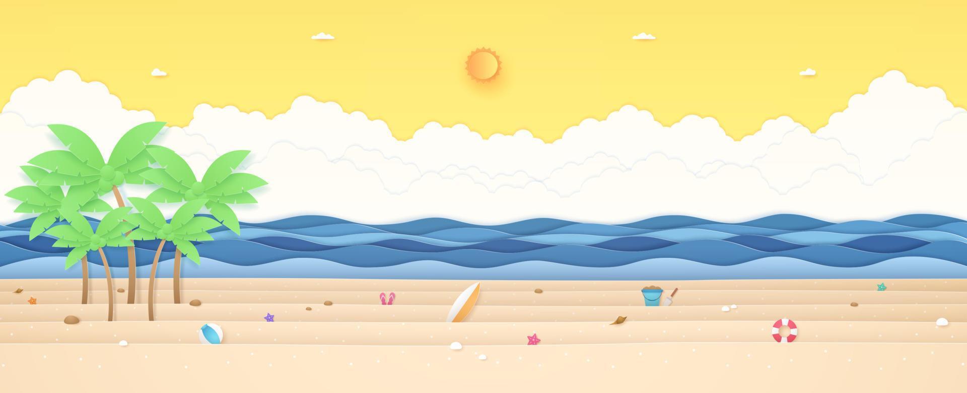horario de verano, paisaje tropical, cocoteros y cosas de verano en la playa con mar ondulado, sol brillante y cielo soleado naranja, estilo de arte en papel vector