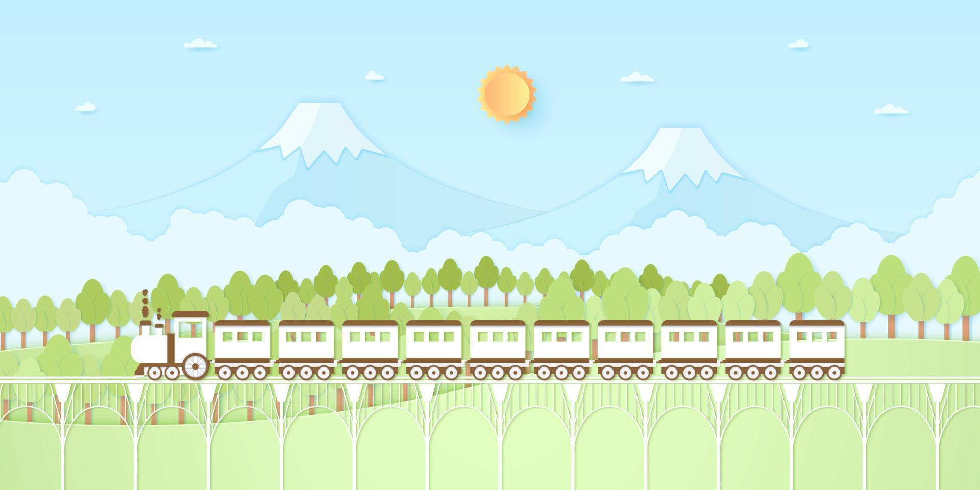 Nature hill, mountain, trees with sun and blue sky, Transportation, Train, paper art style vector