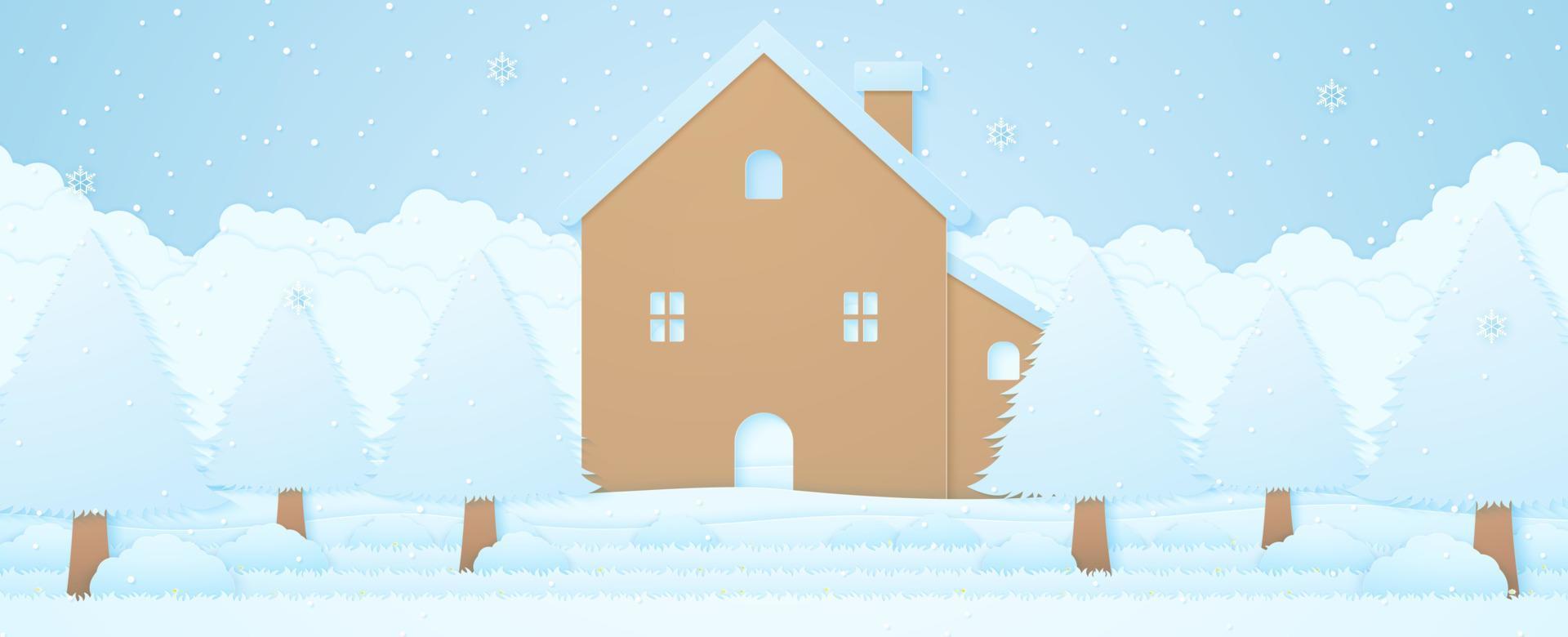 casa y árboles en la nieve en el paisaje invernal con nieve cayendo, fondo con nubes, estilo de arte en papel vector