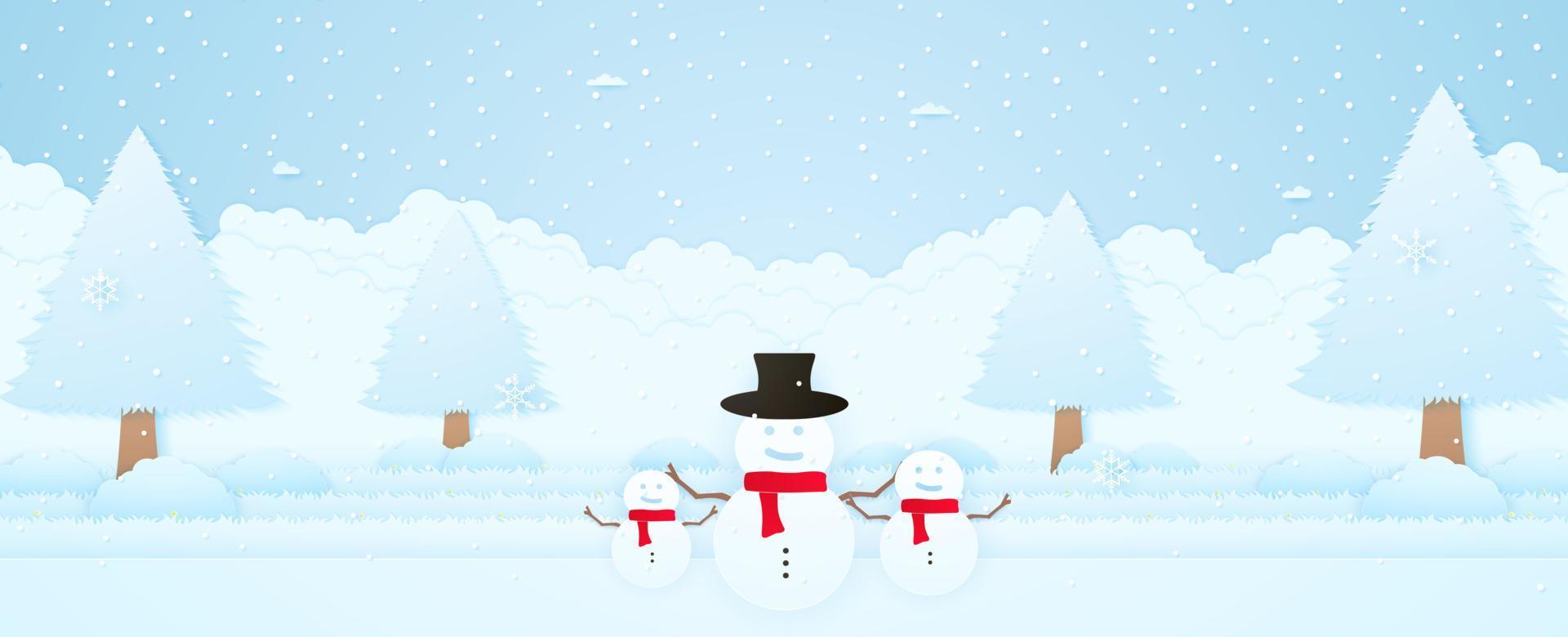 feliz navidad, paisaje de invierno, muñeco de nieve de bienvenida con árbol en el jardín, nieve cayendo y copos de nieve, tarjeta de invitación, estilo de arte en papel vector