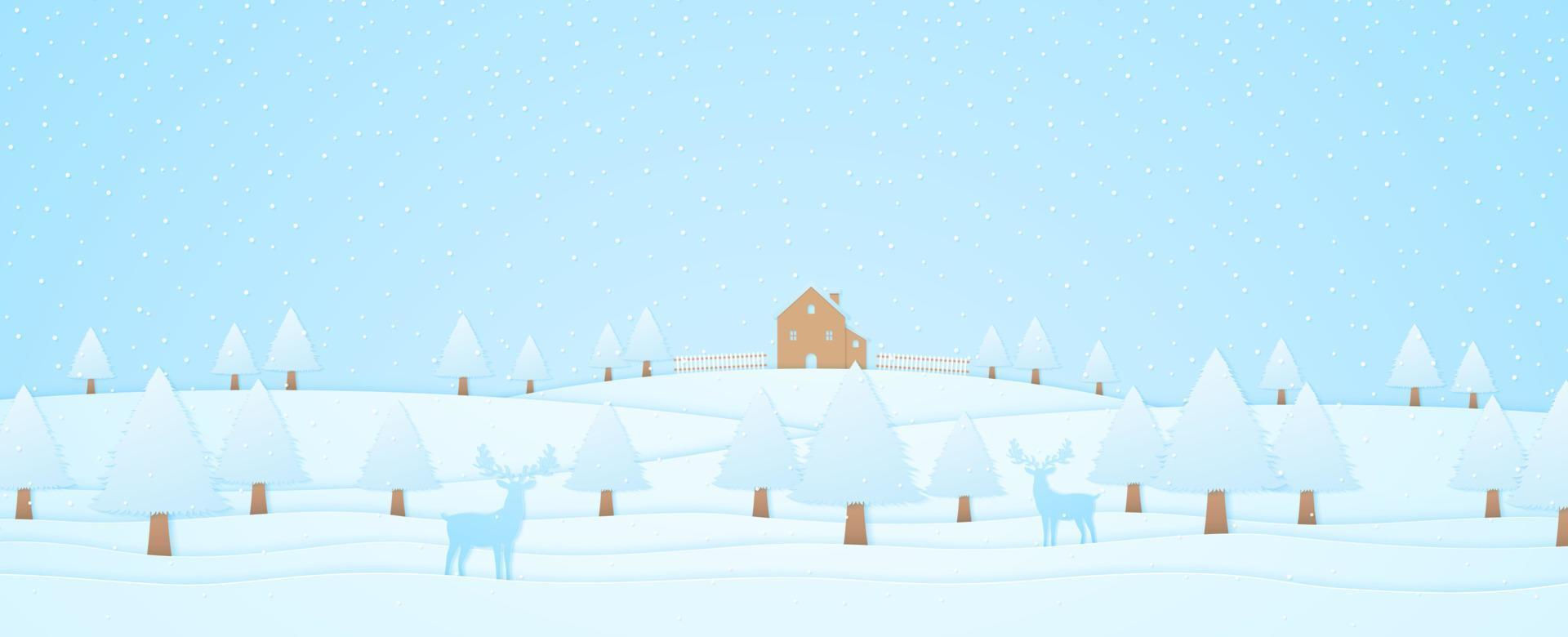 winter landscape, house and trees on hill with reindeer, snow falling, paper art style vector