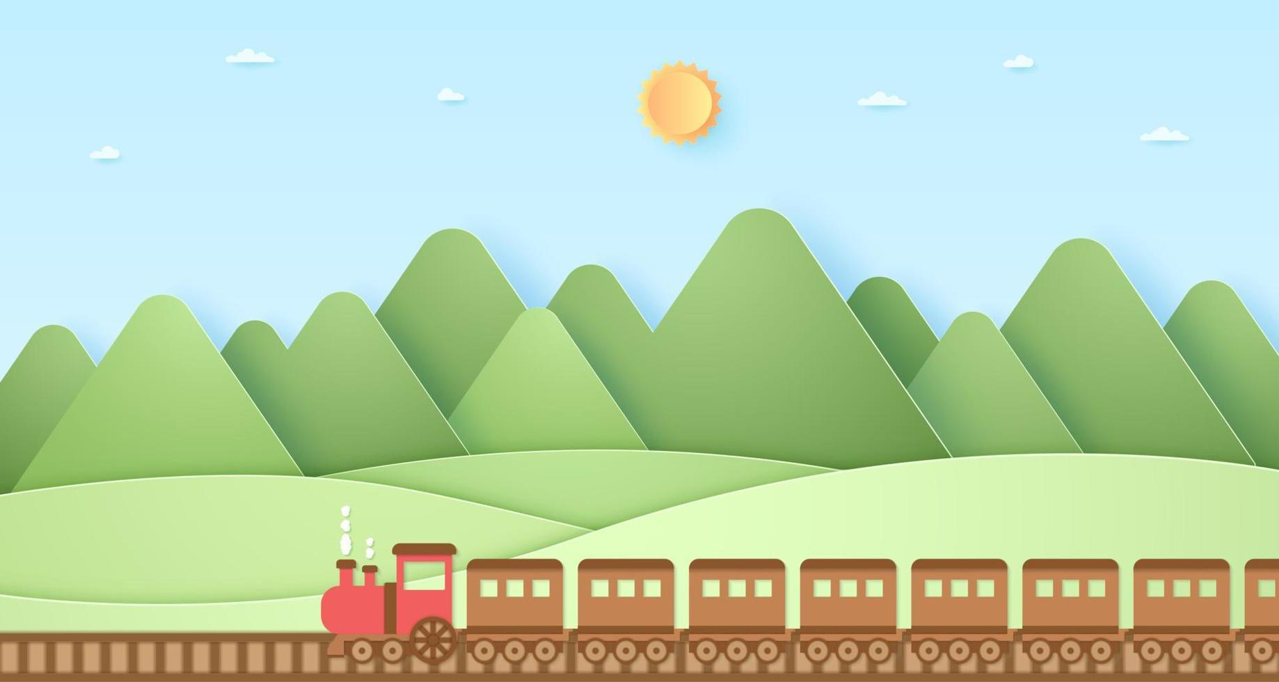 transporte, tren, colina natural, montaña con sol y cielo azul, estilo de arte en papel vector
